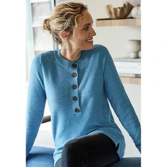 Pure Jill Sweaters - Pure Jill Pale Blue Button Neck‎ Knit Sweater Petite L Cozy Casual Comfort Top
